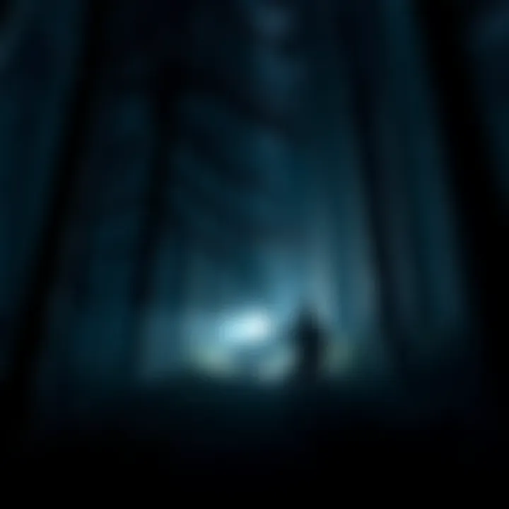 A scene from Alan Wake II showing the main character exploring a dark forest with a flashlight, highlighting confusion and tension in the story.
