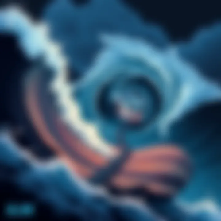 Illustration depicting Alan Wake's journey with ocean waves and a spiraling path, representing themes of reality and transformation.