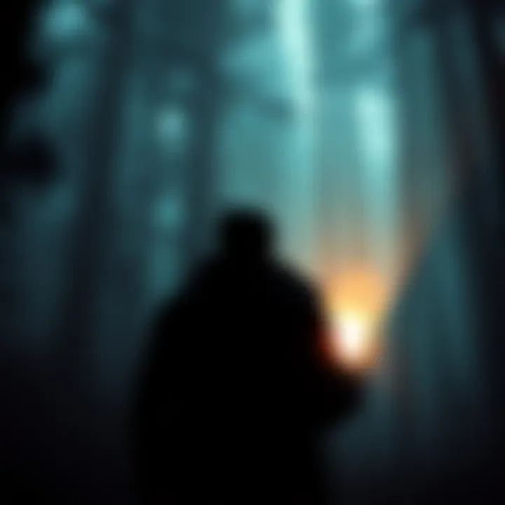 A scene from Alan Wake Remastered showing the main character in a dark forest with a flashlight, creating an eerie atmosphere.