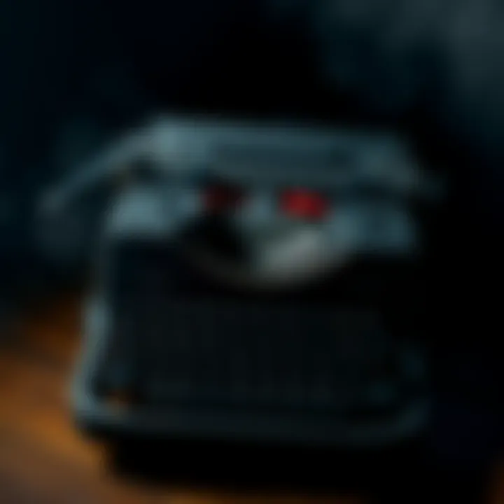 A close-up of a typewriter symbolizing Alan Wake, surrounded by dark shadows representing the Darkness and the Hiss from Control.