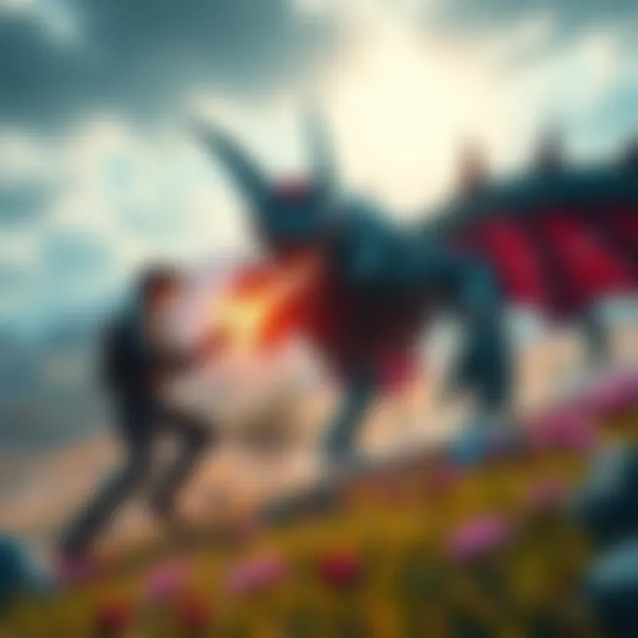 A player fighting Alatreon in a vibrant landscape, equipped with critical element gear, showcasing intense action during the element check challenge.