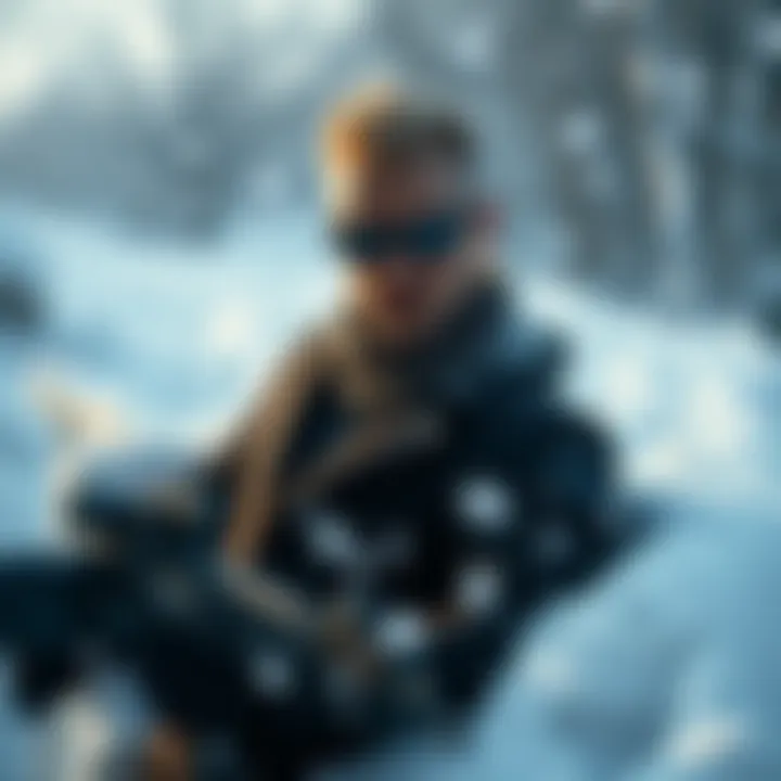 Albert Wesker Cosplay in Snow Cosplayer dressed as Albert Wesker surrounded by snow, holding a prop weapon.