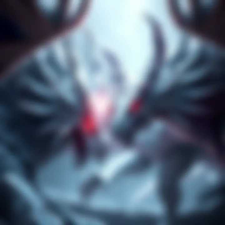 An illustration of Rathalos and Diablos with pale skin and red eyes in a fantasy setting