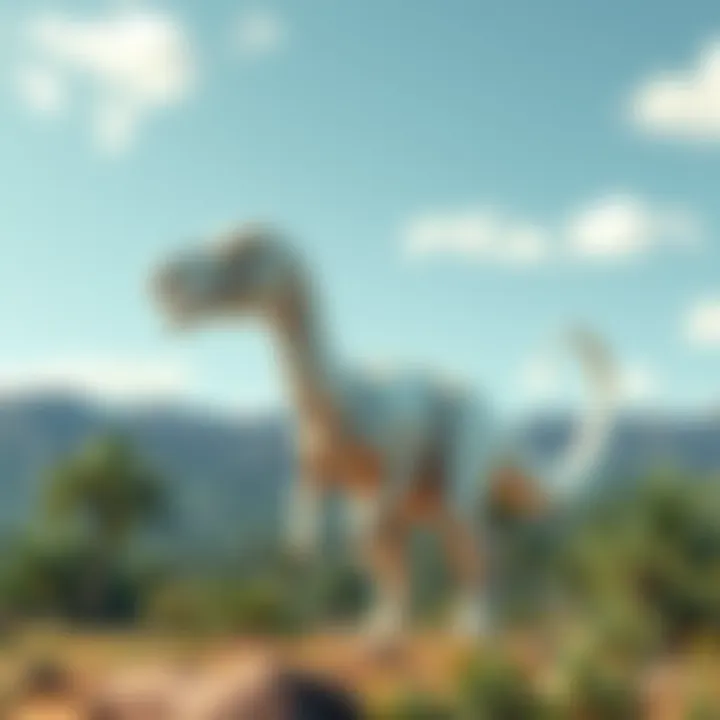 An albino dinosaur standing in a prehistoric landscape with lush greenery and a clear sky, showcasing its unique features and adaptations.