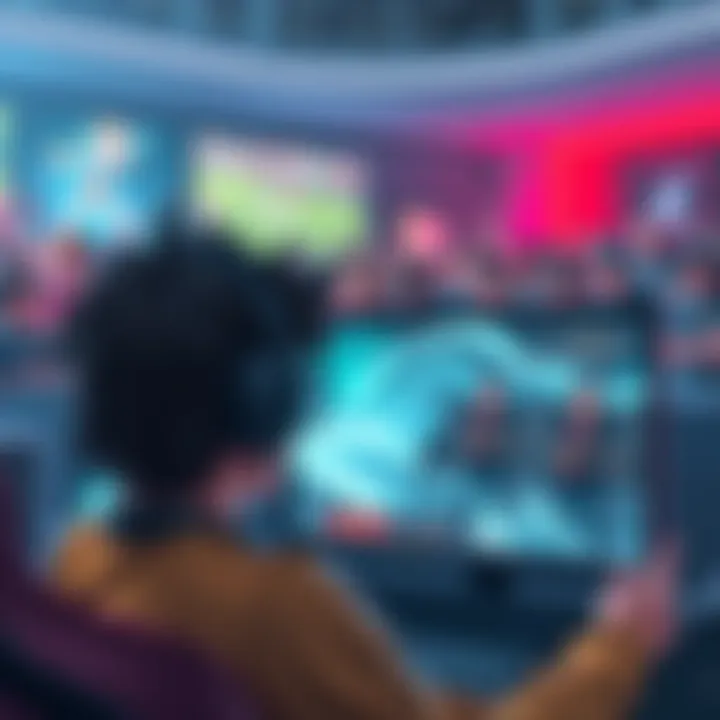 An esports player looking dejected in front of a computer screen showing a losing match, with a crowd in the background expressing disappointment