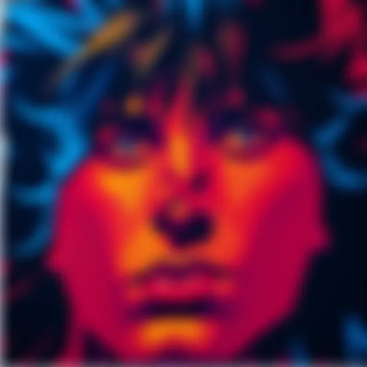 Detailed view of a colorful album cover showing X prominently in the design