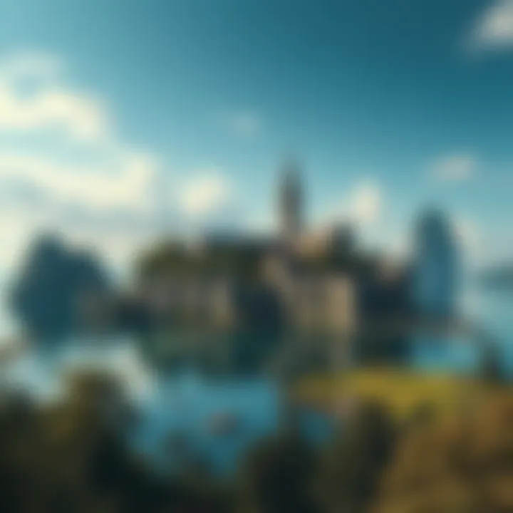 A scenic view of Alchemists' Island showing a distinct Abbey in the background, raising questions about its hidden status.