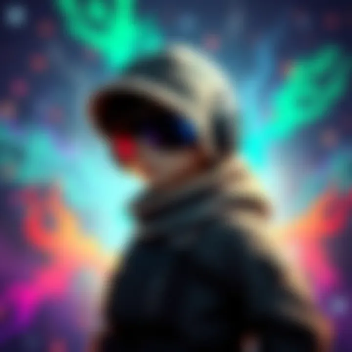 A character in Alchemy Stars wearing unique camo gear, showcasing the dark infiltration design, with a vibrant background