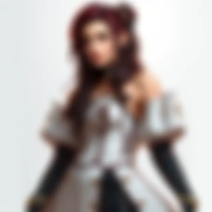 A detailed Alcina Dimitrescu cosplay featuring a long elegant dress and striking hairstyle, showcasing the character's iconic look.