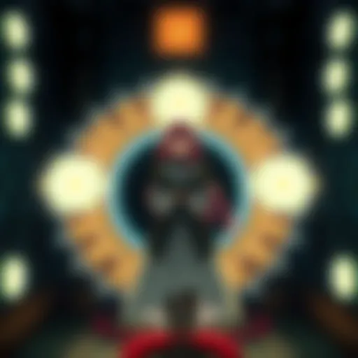 Alessa standing at the center of a dark room, surrounded by glowing symbols of the Seal of Metatron, with an intense expression
