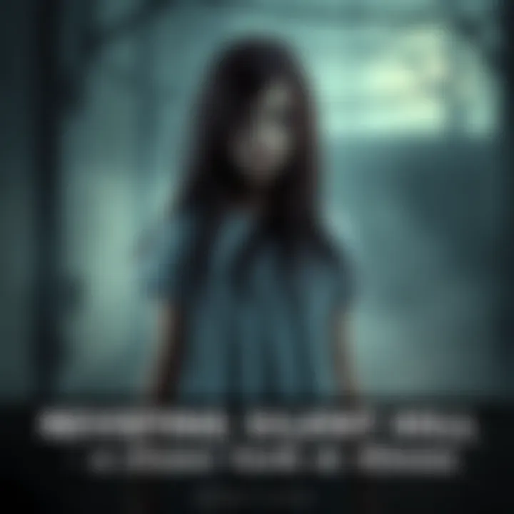 A dark, misty scene featuring Alessa, a young girl with long dark hair, dressed in a tattered white dress, surrounded by haunting visuals of the Silent Hill environment.