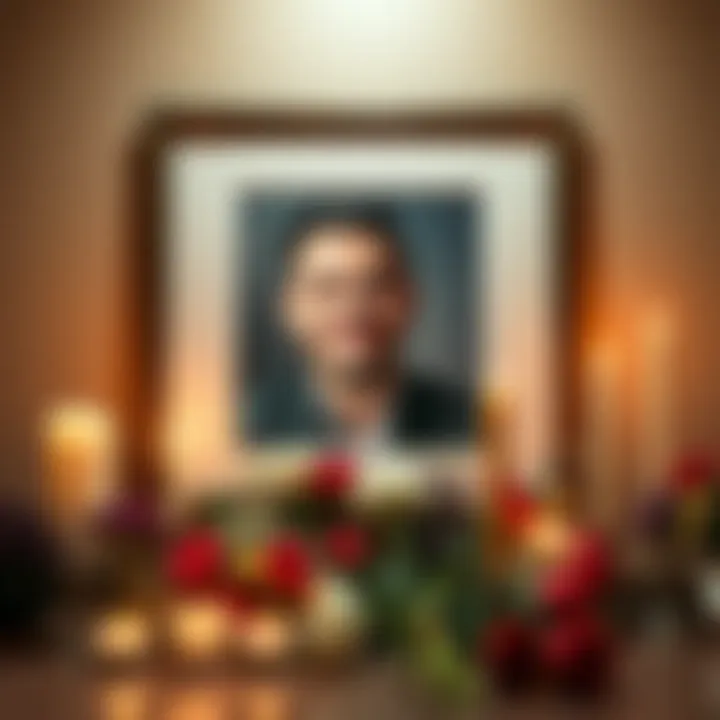A heartfelt tribute to Yugituber Alex Cimo with candles and flowers arranged in front of a framed photo of him.