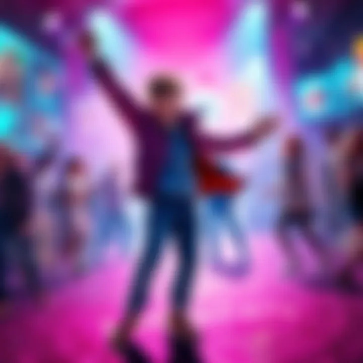 A character named Alex Mercer performing the Caramelldansen dance with enthusiasm, surrounded by colorful graphics representing social media trends and online communities