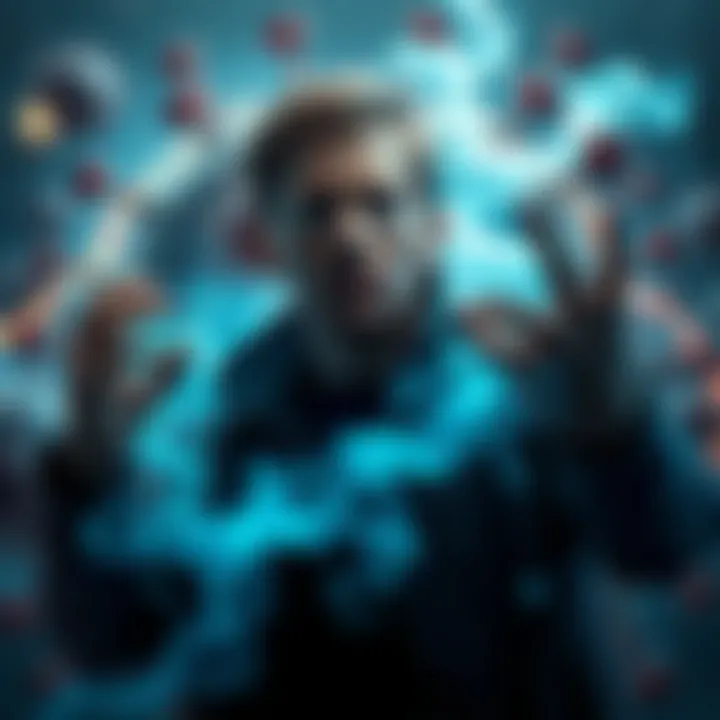 Alex Mercer surrounded by a swirling virus, representing the struggle between human and monster.