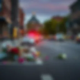 A somber street scene with police tape and flowers laid in memory of Alex Balder, highlighting community support and ongoing concerns.