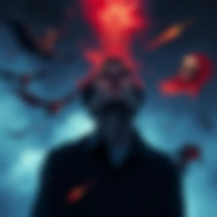 A dark and atmospheric illustration showing a character named Alex facing a dramatic demise, surrounded by shadows and symbolic elements representing various deaths, highlighting fan-favorite moments.