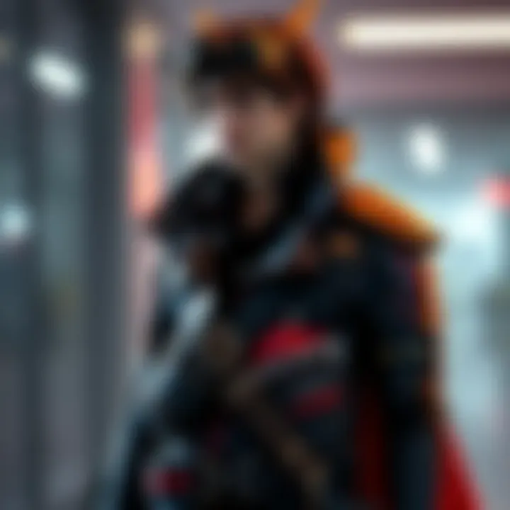 Person dressed as Alex Mercer in a detailed black and red costume with unique accessories