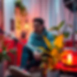A person named Alex sits in a cozy space, surrounded by plants and energy sources, while focusing on ways to recharge his energy for better performance.