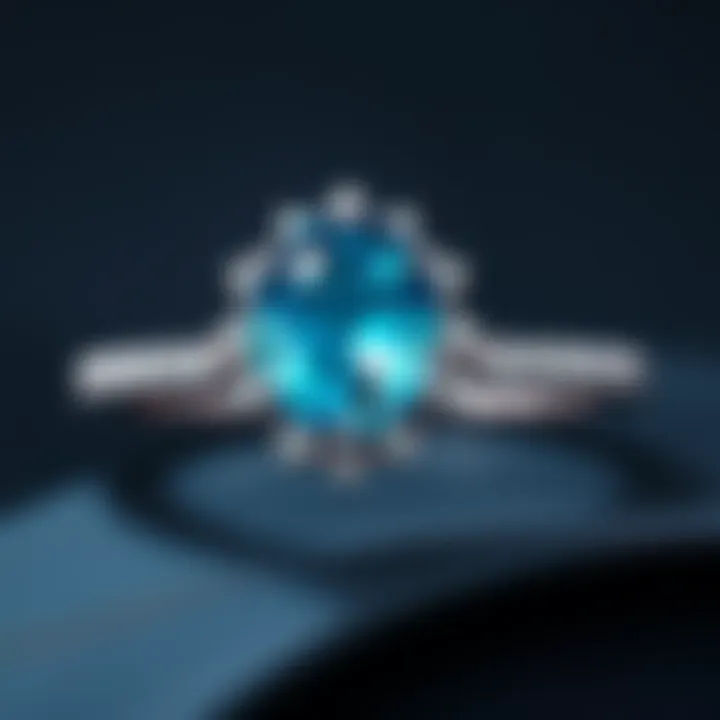A close-up view of a unique engagement ring featuring an Alexandrite gemstone surrounded by small diamonds, inspired by a video game.