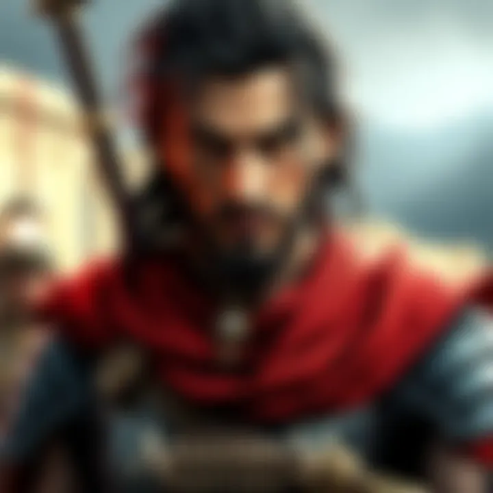 An image of Alexios, the male character from Assassin's Creed Odyssey, in Ancient Greece with armor and a sword, showcasing his determined expression.