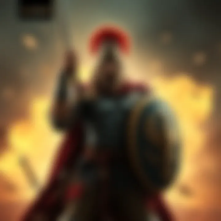 Alexios, a fierce warrior with an eagle emblem, stands confidently with a sword drawn, ready to face his enemies in a dramatic battle scene.