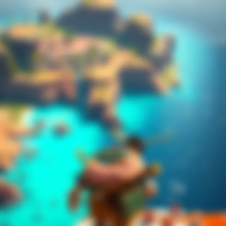 A character named Alexios exploring a colorful island in the game Odyssey, equipped with gear acquired from previous playthroughs.