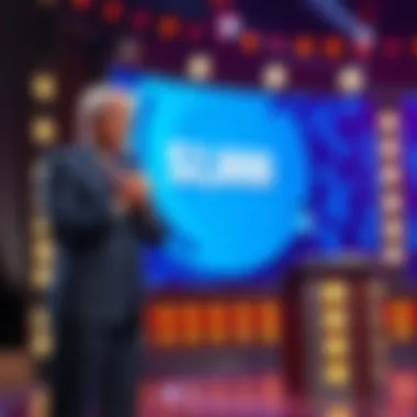 Alex Trebek standing at a podium, reading a trivia clue about RE on the game show set
