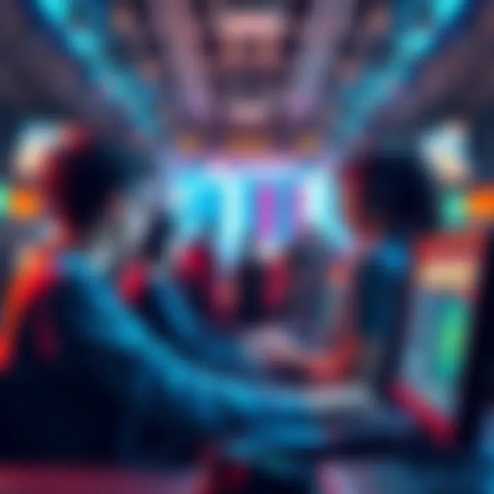 Competitors in a gaming arena discussing new ALGS rules while looking at screens with game stats