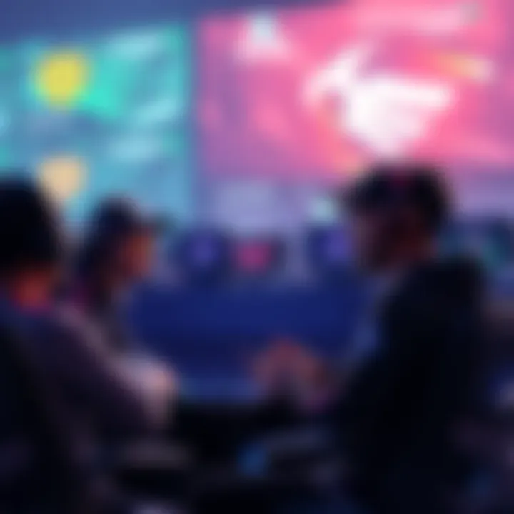 Players discussing changes in the ALGS esports scene with graphics of team skins and game zones in the background