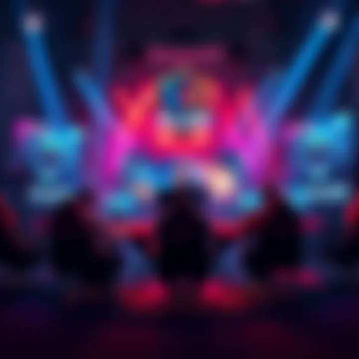 A thrilling scene from the ALGS tournament showing players strategizing around a gaming setup with screens displaying legend bans and competition details.