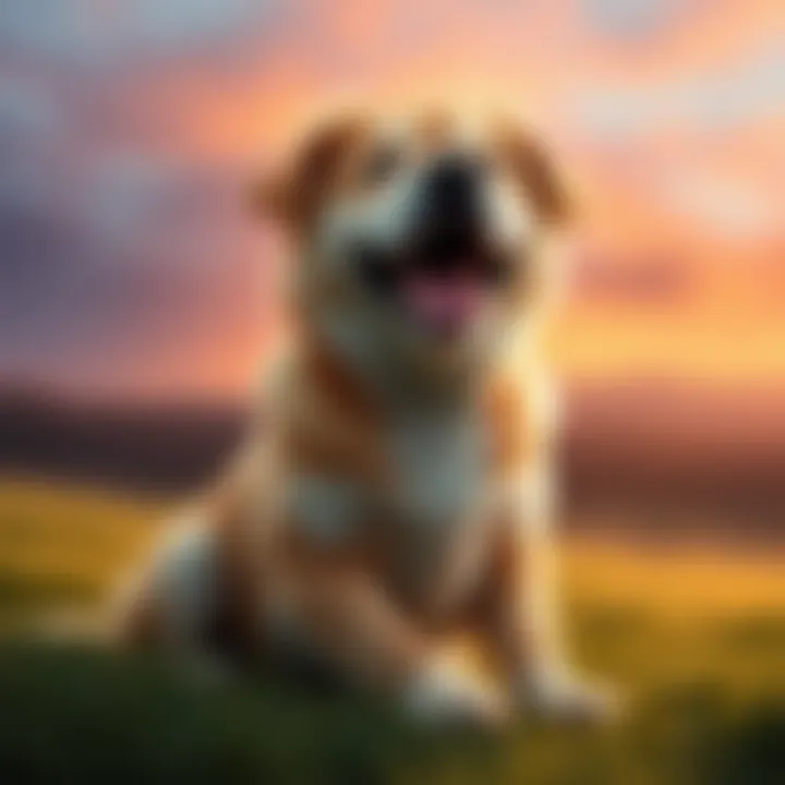 Alice, a friendly dog with a joyful expression, sitting happily on a grassy field