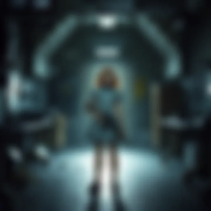 Alice stands ready with a weapon in a dark, abandoned laboratory, surrounded by eerie lighting and broken equipment.