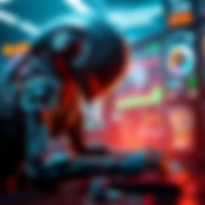 Alien AI in Action A digital scene showing the Alien character analyzing gameplay data, with visual indications of learning and adapting during a game session.