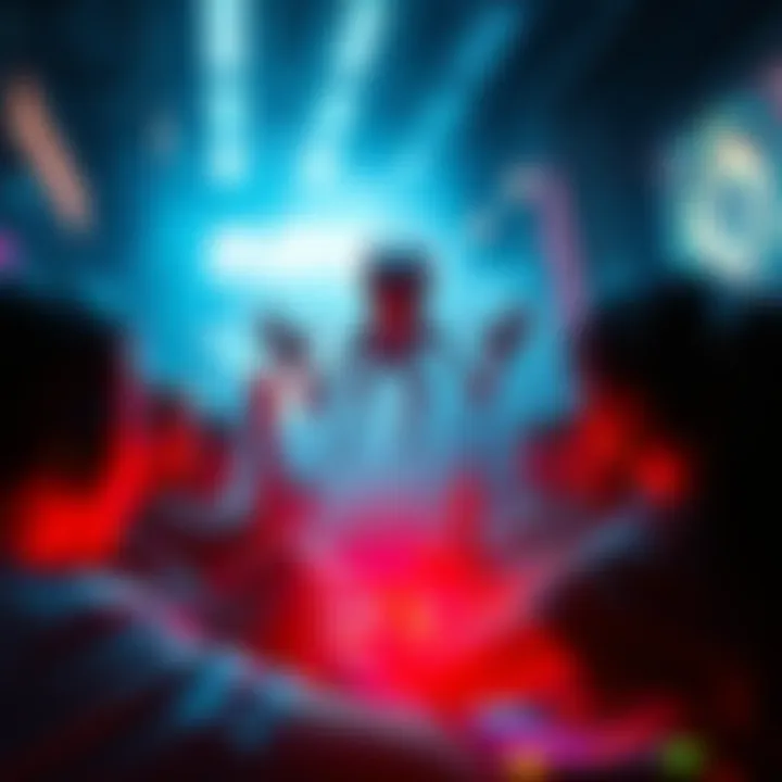 Alien Encounter at Game's End A scene showing an alien figure appearing in a game environment with players expressing surprise and excitement, surrounded by colorful lights and effects.