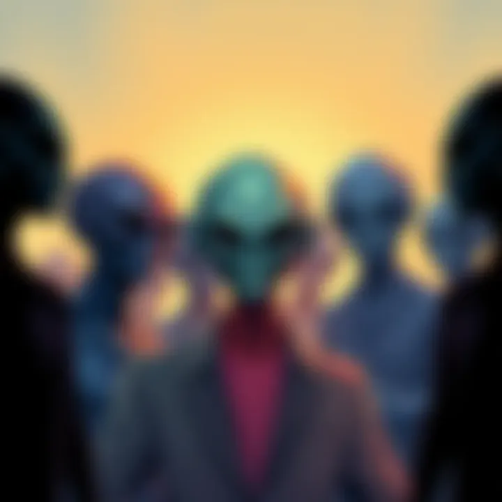 Illustration showing diverse alien figures with distressed expressions, surrounded by human silhouettes discussing the issue of alien abuse, highlighting the seriousness of the situation.