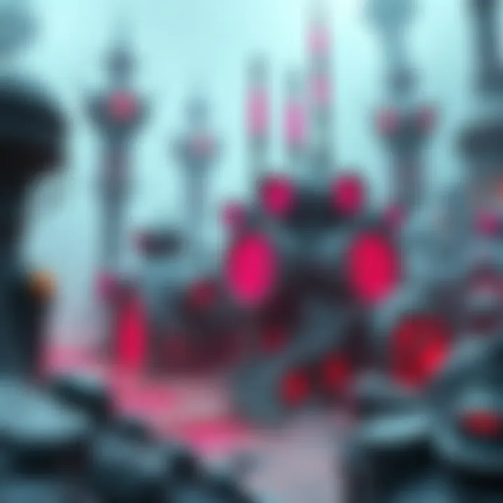 Alien Architecture in Video Games A visual representation of a forgotten alien city with unusual structures and vibrant colors, inspired by video games like Subnautica and Metal Garden.