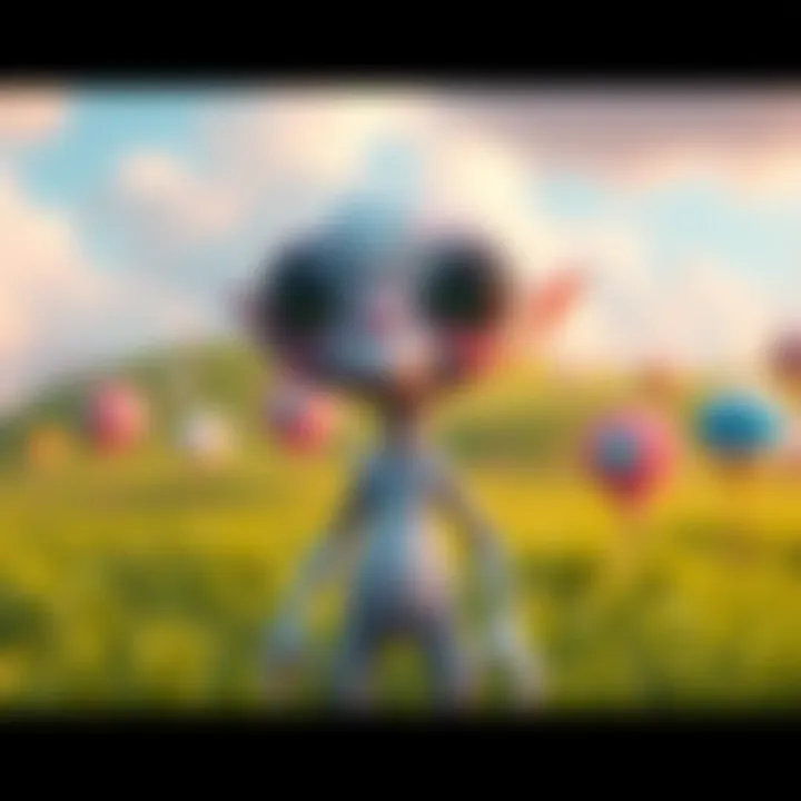 A quirky alien character standing in a vibrant, grassy landscape with a whimsical background, expressing a lighthearted vibe.