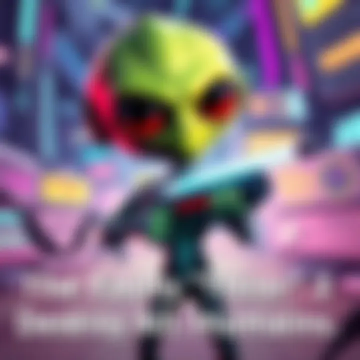 An alien character with a large head and big eyes holding a laser gun, standing in a colorful cartoonish environment