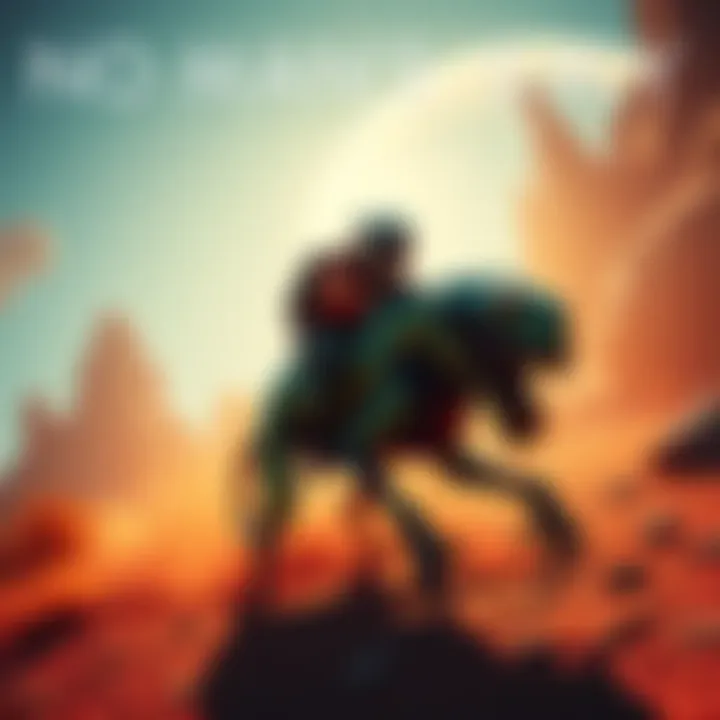 A player riding a unique alien creature in a vibrant No Man's Sky environment