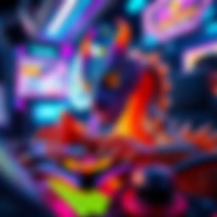 A colorful alien dragon monster interacting with a high-tech stimulation device in a vibrant gaming environment.