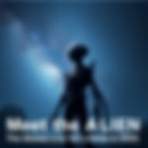 A dark, shadowy figure resembling an alien stands under a starry sky, hinting at an impending challenge for humanity in 2025.