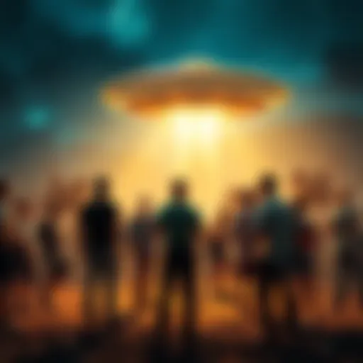 A group of people standing in awe as a mysterious spaceship hovers in the night sky, emitting bright lights.