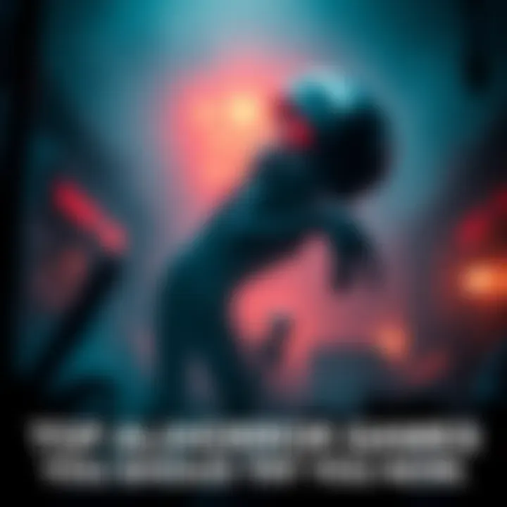 A dark, eerie setting with a shadowy alien figure lurking in the background, creating a sense of fear and suspense.