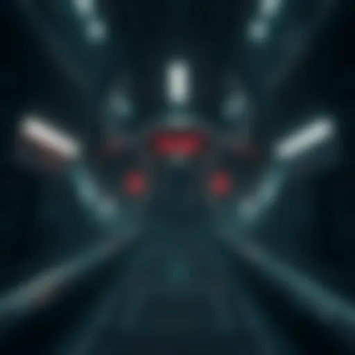 A futuristic space environment featuring a dark, eerie spaceship with hints of alien technology, surrounded by shadows and glowing lights, giving a sense of suspense and anticipation for the game rele...
