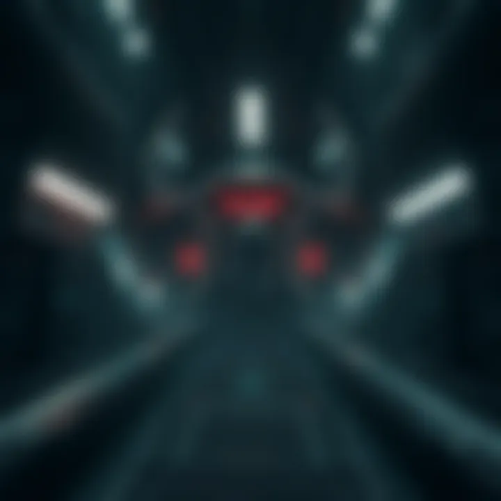 Alien: Isolation 2 Concept Art A futuristic space environment featuring a dark, eerie spaceship with hints of alien technology, surrounded by shadows and glowing lights, giving a sense of suspense and anticipation for the game rele...