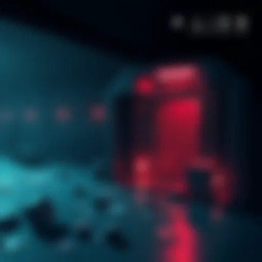 An illustration of a dark, eerie environment with scattered puzzle elements and a character interacting with them.