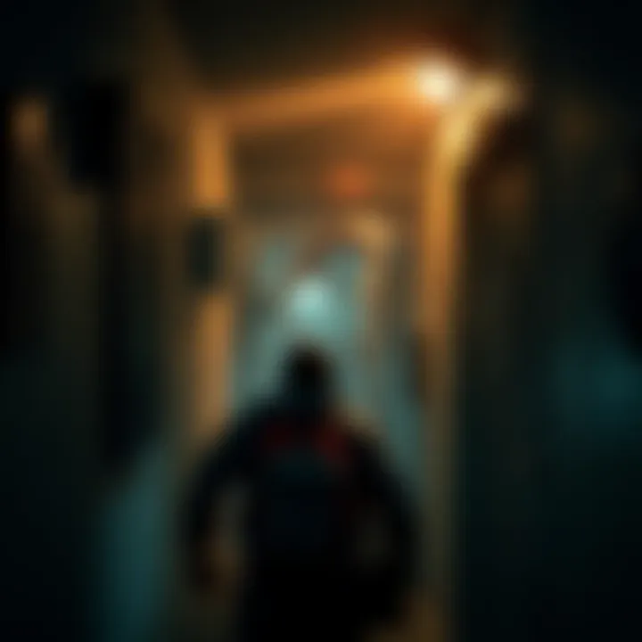 A tense scene from Alien Isolation showing the character hiding from the menacing alien in a dimly lit corridor