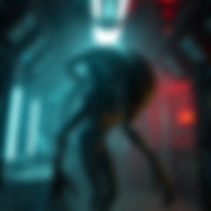 A suspenseful scene showcasing the eerie ambiance of Alien Isolation's Nightmare mode with dramatic lighting and the iconic alien lurking in the shadows.