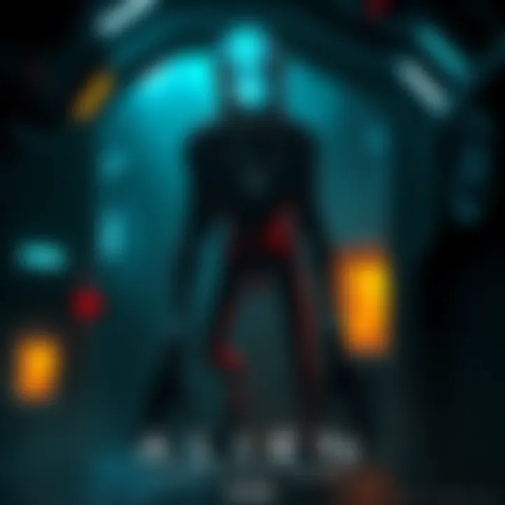 Concept art featuring a dark, futuristic setting with an alien creature lurking, emphasizing survival and tension.