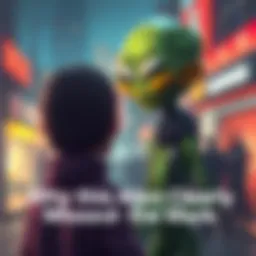 A cartoon alien looking confused while failing to see a person standing right in front of it, creating a humorous scene.